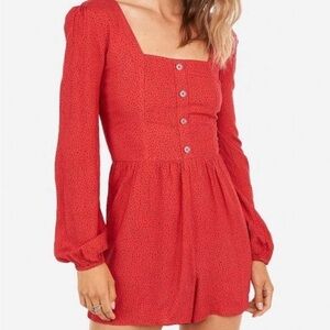 Express Red polka dots long balloon sleeve Button-Front smocked back romper, XXS